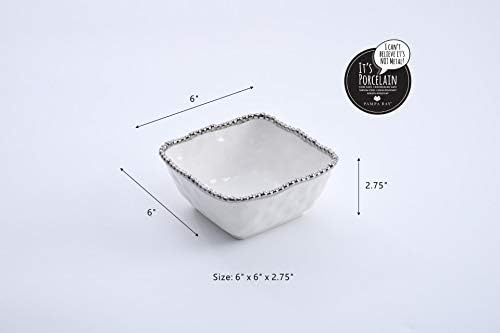 Pampa Bay Set The Table Square Cereal/Soup Bowl, 6 × 6 × 2.75 in, White and Silver