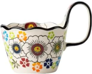 25oz Ceramic Soup Bowl with Handle – Handcrafted Floral Pottery Cereal & Ramen Bowl – Large Microwave & Dishwasher Safe Decorative Bowl for Everyday Use or Gift (Meadow Mosaic, 15oz)