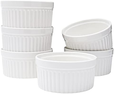 Vikko White Ramekin, Set of 6 Fine Porcelain Ramekins, Stackable 4 Inch Bowls, 7 Ounce Dips Dish, Dishwasher Safe