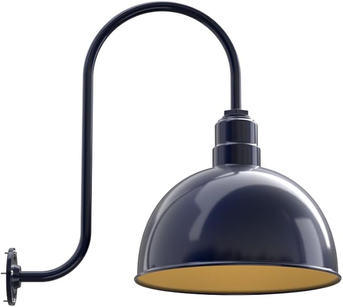 Steel Lighting Co. Hollywood Bowl Light | Outdoor Wall Mounted | 15 inch Bowl Dome | Upward Sloping Gooseneck | Barn Light Made in America | Navy Blue Exterior/Brass Interior