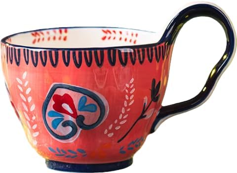 25oz Ceramic Soup Bowl with Handle – Handcrafted Floral Pottery Cereal & Ramen Bowl – Large Microwave & Dishwasher Safe Decorative Bowl for Everyday Use or Gift (Coral Heartbeat, 20oz)