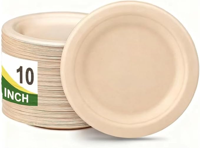 Disposable Plates, 10 Inch,100 pack, Natural Color, bagasse,sugarcane,Biodegradable Paper Material, Round Shape