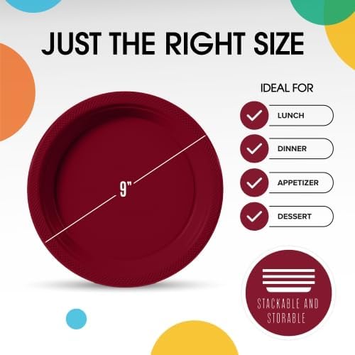 Burgundy Plastic Plates For Party 9" Burgundy Disposable Plates Heavy Duty 100 Pcs Plastic Dinnerware Sets Heavy Duty 350 GSM Disposable Dinnerware Set