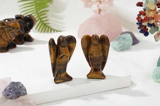 YATOJUZI 2" Tigers Eye Angel Decor Healing Crystals Polished Natural Stone Sculpture Statue Hand Carved Cute Figurines Energy Reiki Home Room Office Desk Decoration Guardian Gifts for Women Men