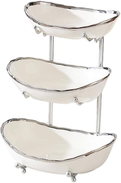 jessie 3 Tier Fruit Bowls for Kitchen Counter,Ceramic Large Fruit Basket Stand,Metal Fruit Serving Tray Snacks Nuts Cake Storage Holder (Silver 1)
