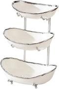 jessie 3 Tier Fruit Bowls for Kitchen Counter,Ceramic Large Fruit Basket Stand,Metal Fruit Serving Tray Snacks Nuts Cake Storage Holder (Silver 1)