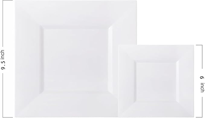Liacere 100PCS White Square Plastic Plates - 50PCS Heavy Duty 9.5inch Dinner Plates and 50PCS 6inch Dessert Plates - Durable Fancy White Disposable Plates for Party & Wedding