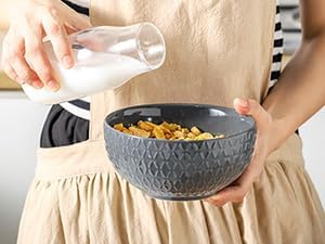 HASENSE Soup Bowls, Cereal Bowls Set of 4, 26oz Embossed Stoneware Porcelain Cereal Bowls, Large Ceramic Soup Bowls for Cereal, Oatmeal, Fruit, Salad, Noodle, Microwave Dishwasher Safe, Gray
