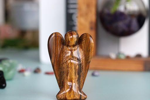 YATOJUZI 2" Tigers Eye Angel Decor Healing Crystals Polished Natural Stone Sculpture Statue Hand Carved Cute Figurines Energy Reiki Home Room Office Desk Decoration Guardian Gifts for Women Men