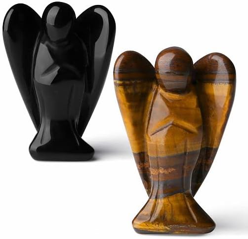 YATOJUZI 2" Black Obsidian Tigers Eye 2Pcs Angel Decor Crystal Cute Polished Natural Stone Hand-Carved Sculpture Statue Figurines Gemstone Hippie Home Room Office Desk Gifts for Women Men