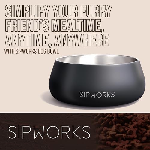 Sipworks Stainless Steel Dog Bowl – 32oz Weighted Metal Food and Water Bowls for Dogs and Cats with Non-Slip Base - Pet Bowls for All Breeds Sizes for Travel & Outdoor Play | Slate