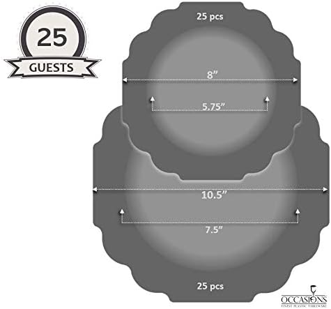 " OCCASIONS " 50 Plates Pack (25 Guests)-Heavyweight Wedding Party Disposable Plastic Plate Set -(25x10.5'' Dinner + 25x8'' Salad/Dessert) (Imperial in White & Silver Rim)