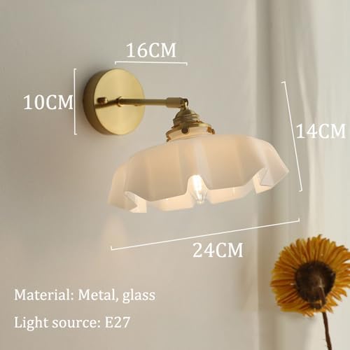 Vintage Milk Glass Wall Sconce Light - Mid Century Flower Design, Hardwired Gold Wall Lamp for Bedroom, Hallway & Living Room, Elegant Home Lighting Decor
