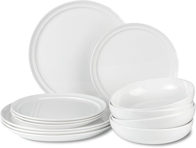 Lafayette St. Fine Bone China 12 Piece Dinnerware Set, Service For 4; Elegant Lightweight Ivory White Plates & Bowls with a Gloss Finish; Microwave & Dishwasher Safe