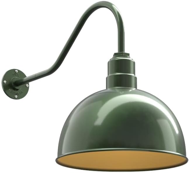 Steel Lighting Co. Hollywood Bowl Light | Outdoor Wall Mounted | 15 inch Bowl Dome | 23" Gooseneck | Barn Light Made in America | Hunter Green Exterior/Brass Interior