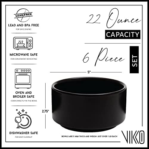 Vikko Modern Soup Bowls, Set of 6 Black Matte Porcelain Bowls, Large Size 22 oz Elegant Restaurant Style Soup Bowl Set, Microwave and Dishwasher Safe