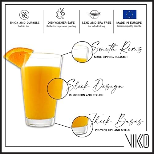 Vikko 9.5 Ounce Water Tumblers, All Purpose Drinking Glasses, Thick and Durable Construction, Tapered Design, Dishwasher Safe, Set of 12 Tall Glass Tumblers