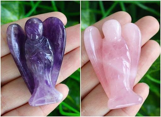 YATOJUZI 2" Amethyst Rose Quartz 2Pcs Angel Decor Crystal Cute Polished Natural Stone Hand-Carved Sculpture Statue Figurines Gemstone Hippie Home Room Office Desk Gifts for Women Men