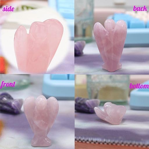 YATOJUZI 2" Rose Quartz Angel Decor Healing Crystals Polished Natural Stone Sculpture Statue Hand Carved Cute Figurines Energy Reiki Pink Home Room Office Desk Decoration Guardian Gifts for Women Men
