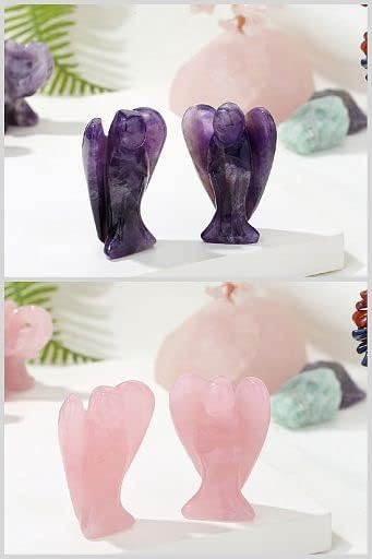 YATOJUZI 2" Amethyst Rose Quartz 2Pcs Angel Decor Crystal Cute Polished Natural Stone Hand-Carved Sculpture Statue Figurines Gemstone Hippie Home Room Office Desk Gifts for Women Men