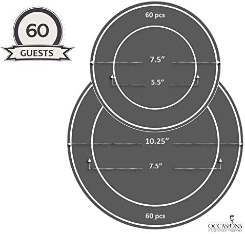 OCCASIONS 120 Plates Pack,(60 Guests) Premium Wedding Party Disposable Plastic Plates Set -60 x 10.25'' Dinner + 60 x 7.5'' Salad/Dessert(Princess White/Gold)