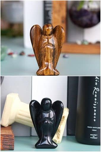 YATOJUZI 2" Black Obsidian Tigers Eye 2Pcs Angel Decor Crystal Cute Polished Natural Stone Hand-Carved Sculpture Statue Figurines Gemstone Hippie Home Room Office Desk Gifts for Women Men