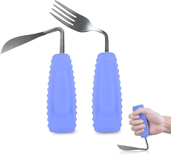 Adaptive Utensils Angled Knife and Fork for Hand Tremors Parkinsons,Weighted Utensils with Non-Slip Easy Grip Handles for Independent Eating (1pcs Bent Knife+1pcs Fork,Purple,Right Hand)