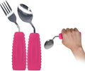 Adaptive Utensils Angled Spoon and Fork for Hand Tremors Parkinsons,Weighted Utensils with Non-Slip Easy Grip Handles for Independent Eating (1pcs Spoon+1pcs Fork=2 pcs,Pink,Right Hand)