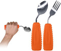 Adaptive Utensils Angled Spoon and Fork for Hand Tremors Parkinsons,Weighted Utensils with Non-Slip Easy Grip Handles for Independent Eating (1pcs Spoon+1pcs Fork=2 pcs,Orange,Left Hand)
