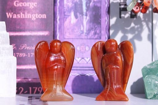 YATOJUZI 2" Red Carnelian Angel Decors Natural Healing Crystals Polished Carved Gemstones Stones Hand Guardian Cute Sculpture Statue Reiki Energy Figurines Home Room Office Desk Decor Gifts for Women