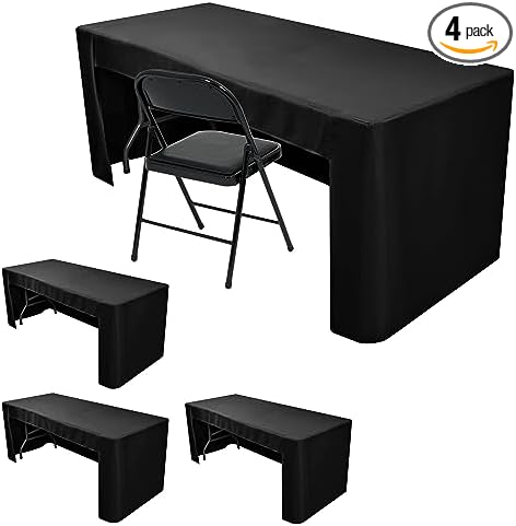 Nasitos 4 Pack 8 foot Black Table Cloth Fitted Trade Show Table Covers for Rectangular Table -Open Back Folding Table Covers Washable and Wrinkle Resistant Table Cloth for Craft Show, Weddings, Events