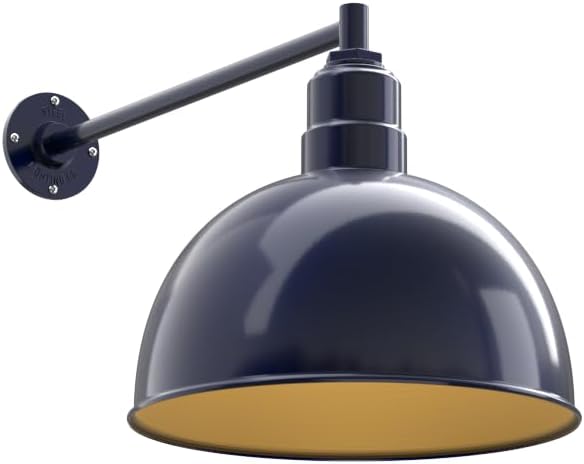 Steel Lighting Co. Hollywood Bowl Light | Outdoor Wall Mounted | 15 inch Bowl Dome | 20" Straight Arm | Barn Light Made in America | Navy Blue Exterior/Brass Interior