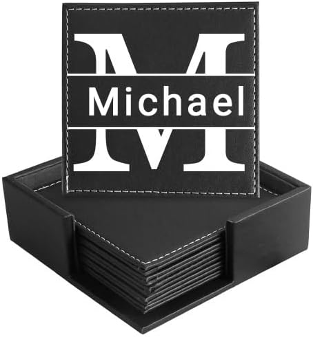 Personalized Coasters, Custom Set of 6 Leather Coaster for Drinks with Holder, DIY Customized Name, Logo, Text，Non-Slip, Heat Resistant, Waterproof for Coffee Table Bar Wine Cup Housewarming