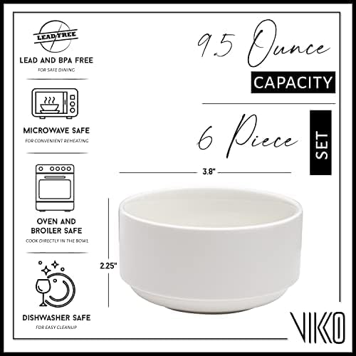 Vikko Modern Soup Bowls, Set of 4 White Porcelain Bowls, Stackable 9.5 oz Elegant Restaurant Style Soup Bowl Set, Microwave and Dishwasher Safe