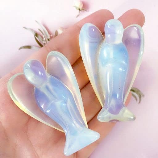YATOJUZI 2" Opal Moonstones Angels Decor Healing Crystal Polished Natural Stone Sculpture Statue Hand-Carved Figurines Gemstone Energy Reiki Home Room Desk Decoration Guardian Angelfor Women Men