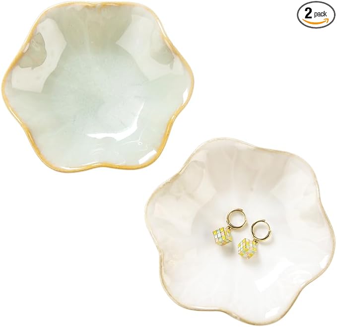 2PCS Lotus Leaf Shape Ring Holder Dish, Small Key Bowl, Ceramic Trinket Tray Jewelry Dish Organizing Necklace Earrings for Mom Friend Sister, All Jewelries Are NOT Included.White+Light Green.