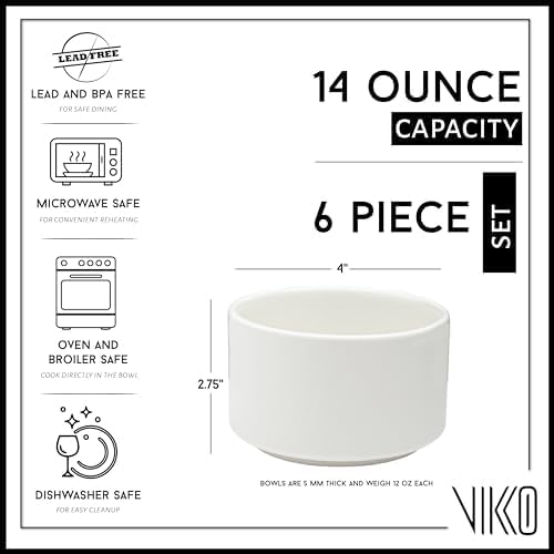 Vikko Modern Soup Bowls, Set of 6 Matte White Porcelain Bowls, Stackable 14 oz Elegant Restaurant Style Soup Bowl Set, Microwave and Dishwasher Safe