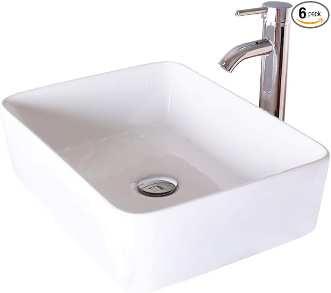 eclife Bathroom Ceramic Sink Bowl Classic White Rectangle Porcelain Vessel Sink and Faucet Combo for Bathroom Countertop Bowl Sink & Chrome Pop Up Drain (T03)