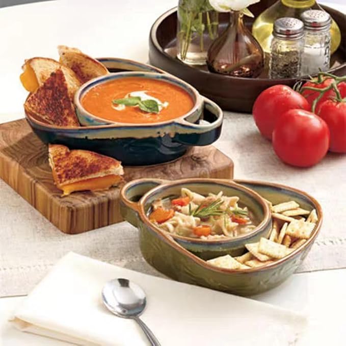 Soup and Side Bowl Plate Ceramic, Chip and Dip Divided Bowls, Anti-Soggy Cereal Bowl Bread Dipping Bowls Plates for Salad Breakfast, and Sandwich Ideal for Home and Restaurant (Blue + green)