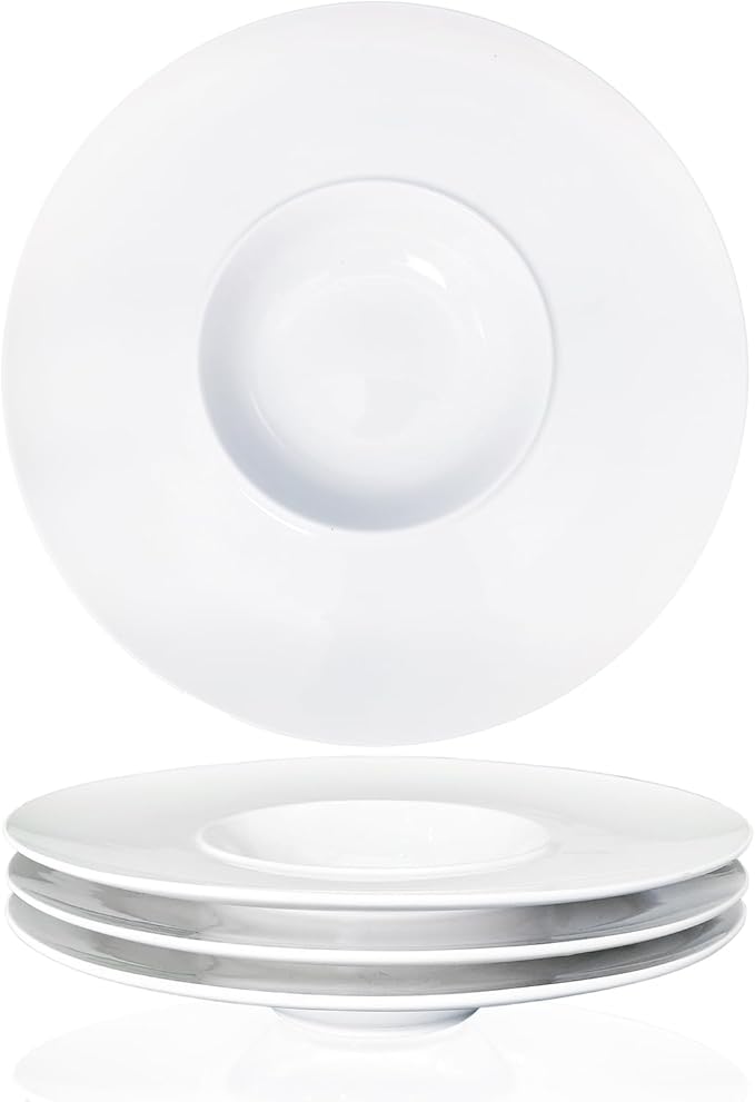 Ceramics Rimmed Soup Bowls 8.5 oz, White 10.4 inch Exquisite small soup plate Set of 4, Pasta plates With Rim is the best choice for hotels, kitchens, fine restaurants and gourmets