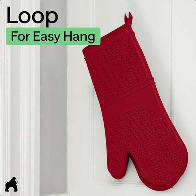 GORILLA GRIP BPA-Free Soft Silicone Oven Mitts, 14.5x8.3, Heat Resistant and Waterproof Cooking Gloves, Thick Cotton Lining, Flexible Gripping Kitchen Potholders Set of 2, Christmas Kitchen Decor, Red