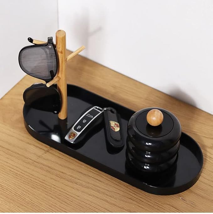 Shinpuru Key Tray & Key Bowl, Jewelry Tray with Wood 3-Tier Hanging Organizer - Multi-Functional Entryway Tray, Perfect for Key Bowl, Ring Holder, Jewelry Dish Organize (Black Oval)