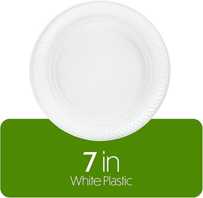 PLASTICPRO 100 PCS White Plastic Round 7 Inch Plates - Premium Quality, Light Weight Disposable Dinner Plates for Parties & Weddings
