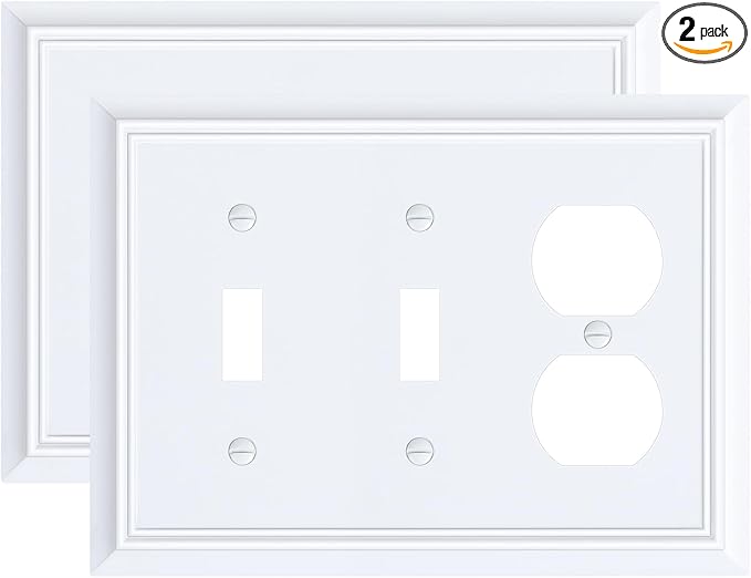 2-Pack Combo Double Toggle/Duplex Outlet Covers, Pure White Switch Plates and Outlet Covers, Natural Bamboo Fiber Wall Plates for Electrical Outlets, 3 Gang Receptacle Cover, Corrosion Resistant