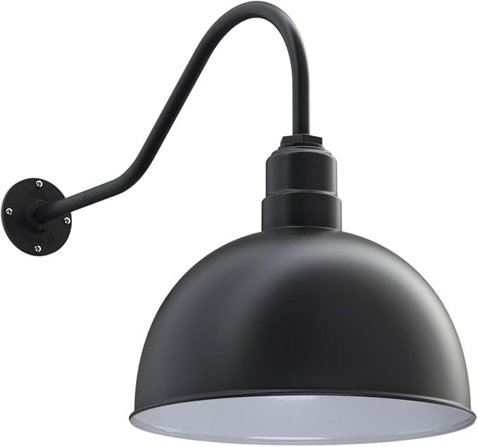Steel Lighting Co. Hollywood Bowl Light | Outdoor Wall Mounted | 15 inch Bowl Dome | 23 inch Gooseneck | Barn Light Made in America | Matte Black Exterior/White Interior