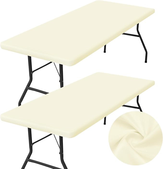homing 2 Pack Rectangle Table Cloth, Elastic Fitted Fabric Tablecloth Fits for 6 Foot Folding Tables, Washable Table Cover for Picnic, Camping, Indoor & Outdoor (Cream Yellow, 30" x 72")