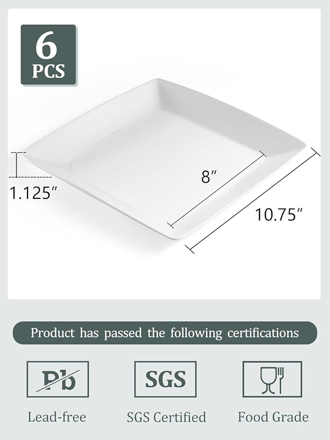 Yedio Porcelain Square Dinner Plates, 10.75 Inch Square Serving Plate for Steak, Pasta, Salad, Snacks, Pizza, Appetizer Plates, Set of 6, White