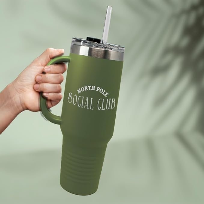 Speedy Pros Tumbler Cups with Straw North Pole Social Club Christmas Xmas Coffee Tumbler with Lid Personalized Insulated Travel Mugs Engraved Stainless-Steel 20 Oz Forest Green Design Only