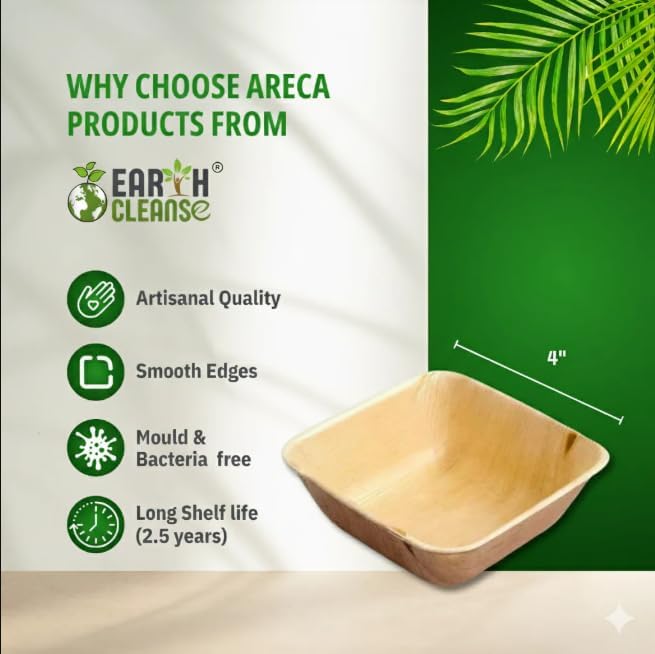 4" Areca Palm Leaf Square Bowls Compostable Biodegradable Eco-Friendly Bowls Natural Disposable Bowls, Perfect for Picnic Catering, Dessert, and Wedding (Pack of 100)