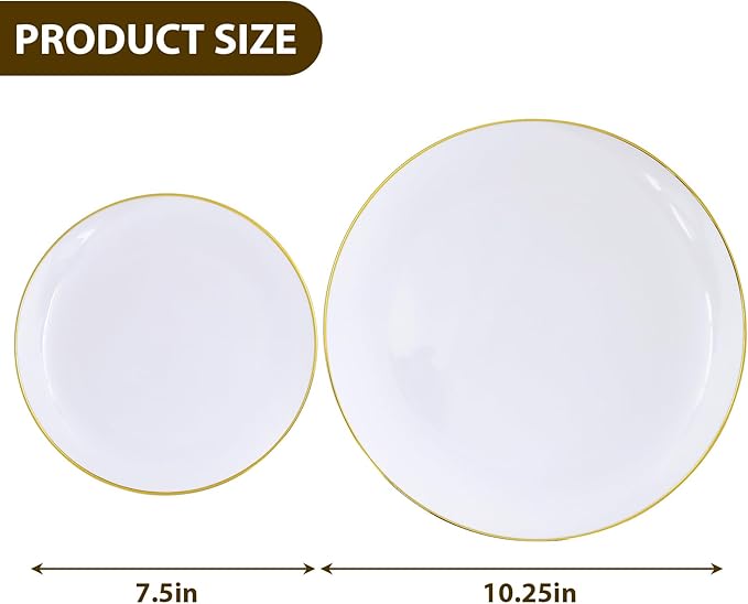 Moretoes 100PCS White Gold Plastic Plates Disposable,Party Plates White with Gold Rim, 10.25inch Dinner Plates and 7.5inch Dessert Salad Plates Heavy Duty Plates for Wedding Party and Birthday